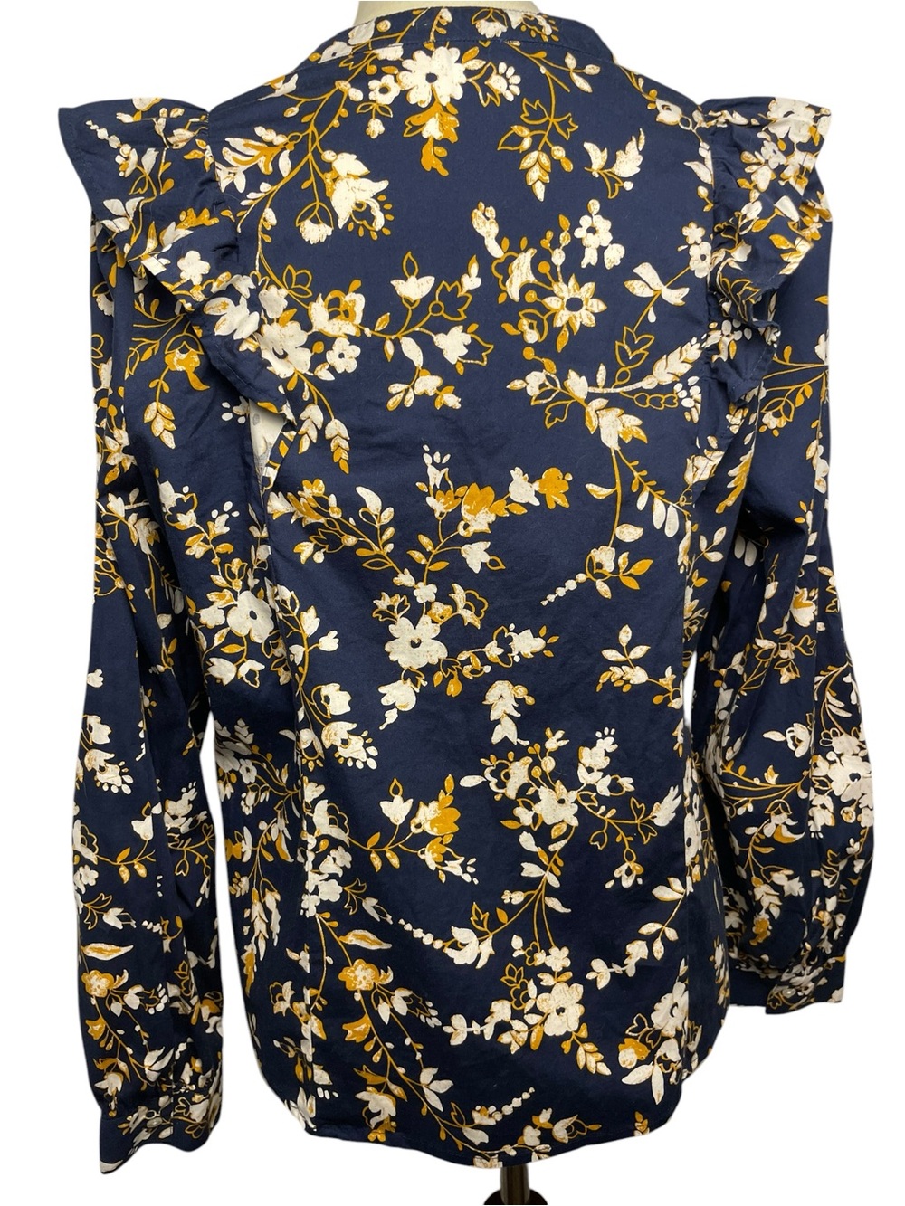 J. Crew Cotton Poplin Ruffle Top Floral Long-Sleeve Blouse - Navy - Picture 4 of 9